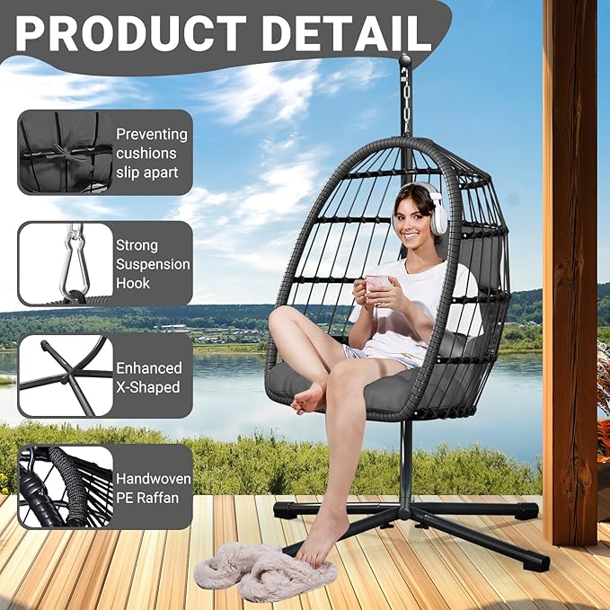 LEVELEVE Egg Chair with Stand,Patio Rattan Wicker Hanging Swing Egg Chair Hammock Chair for Bedroom Porch Garden,Thickened Aluminum Alloy Steel Frame and UV Resistant Cushion,350LBS Capacity(Grey)