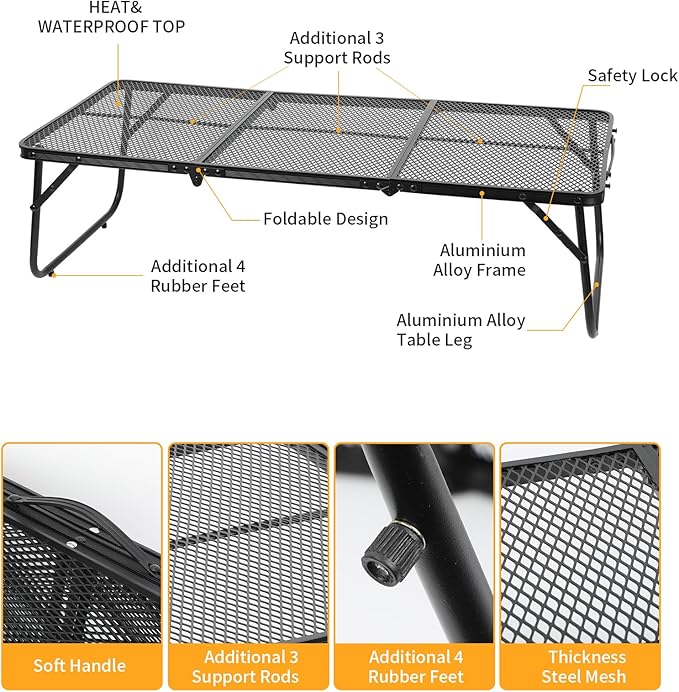 Grill Table Camping Table 3FT Foldable Small Folding Table Low Picnic Table Portable Stand Mesh Outdoor Indoor Card BBQ RV Black 35.4×15.7×9.4 inch