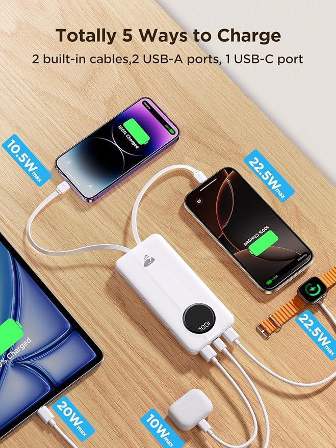Aioneus Power Bank, 10000mAh Portable Charger with Built in Cables Fast Charging 22.5W USB-C in/Out Slim Travel PowerBank Battery Pack for iPhone 16 15 14 13 12 Samsung Galaxy S24 A15 Android Phone