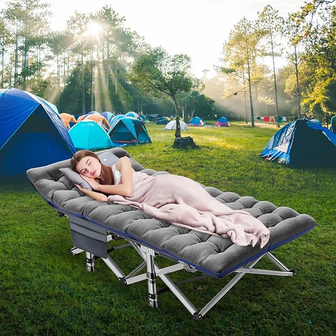 LILYPELLE Folding Camping Cot, Extra Wide Heavy Duty Sleeping Cots with Carry Bag, Double Layer Oxford Portable Travel Camp Cots for Home, Office Nap and Outdoor Beach