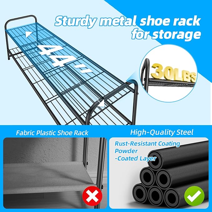 2 Tier Shoe Rack for Closet, 44 Inch Extra Long Shoe Storage Organizer for Shelves, Heavy Duty Metal, Easy Assembly, Black