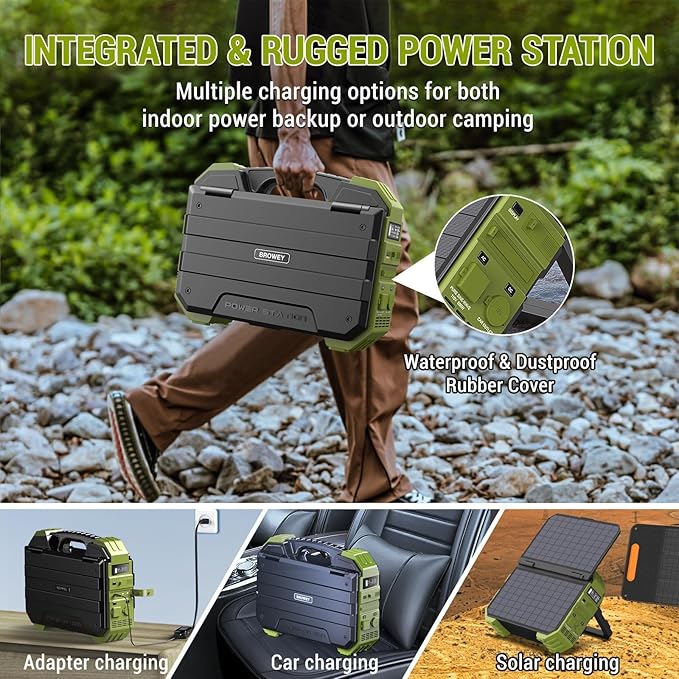 BROWEY Portable Power Station, 1000W Solar Generator with Built-in Solar Panel, 614WH/192000mAh LiFePO4 Battery Pack, AC/DC/USB/PD Outputs, for Outdoor Camping, RV Travel, Emergency Preparedness