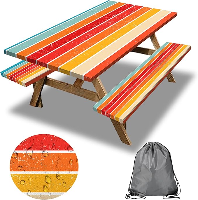 Orange Picnic Table Cover with Bench Covers, 3 Pcs Waterproof Elastic Picnic Table Cover Outdoor Camping Essentials, Windproof Fitted Tablecloth for Camping, Indoor, Outdoor (Striped, 72X30 Inch)