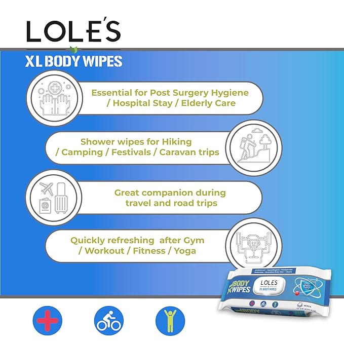 LOLE'S Body Wipes for Adults Bathing No Rinse XL – Bath Wipe for Adult - 96 Count - 2x48, Extra Large – Shower Wipes – Camping, Travel, Gym, Elderly Care, Women & Men – Fresh & Moisturizing
