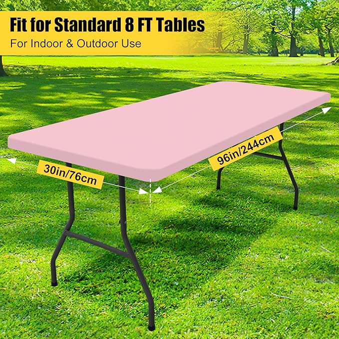 Smiry 2 Pack Rectangle Picnic Table Cloth, Waterproof Elastic Fitted Tablecloths, Washable Polyester Rectangular Patio Table Cover for Camping, Indoor and Outdoor (Pink, 30"x96")