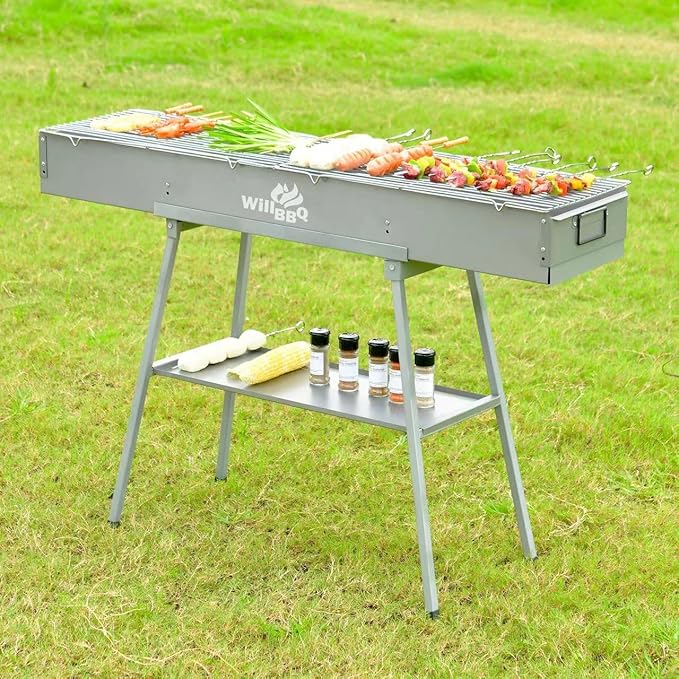 Charcoal Grills Commercial Quality Portable Multiple Size Hibachi BBQ Lamb Skewer Folded Camping Barbecue Grill for Garden Backyard Party Picnic Travel Outdoor Cooking Use(39.4x10.3x5.1 inch)
