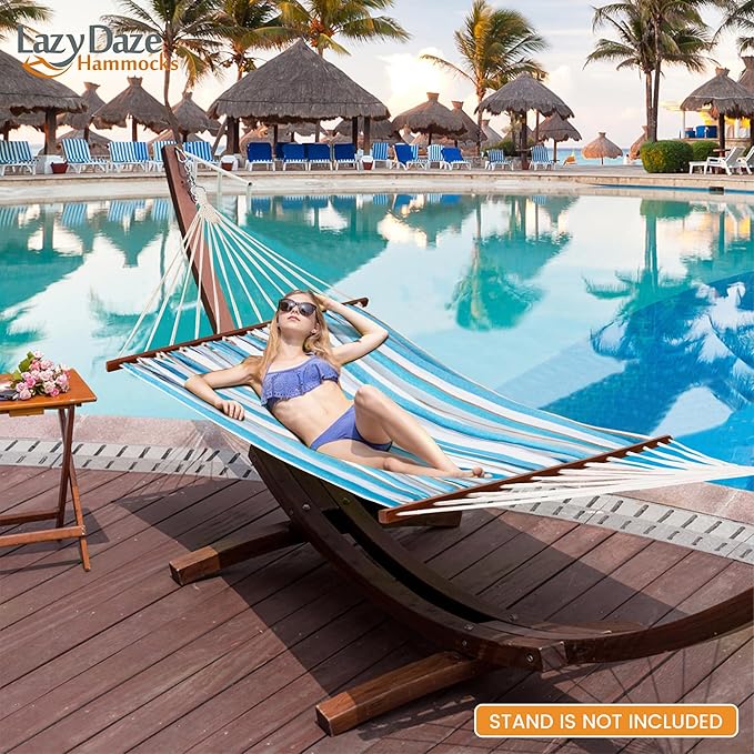 Lazy Daze Hammocks Cotton Fabric Spreader Bar Hammock, Outdoor Portable Hammock with Carrying Bag & Tree Straps for Bedroom, Patio, Backyard, Balcony, Max 450lbs Capacity, Blue & White