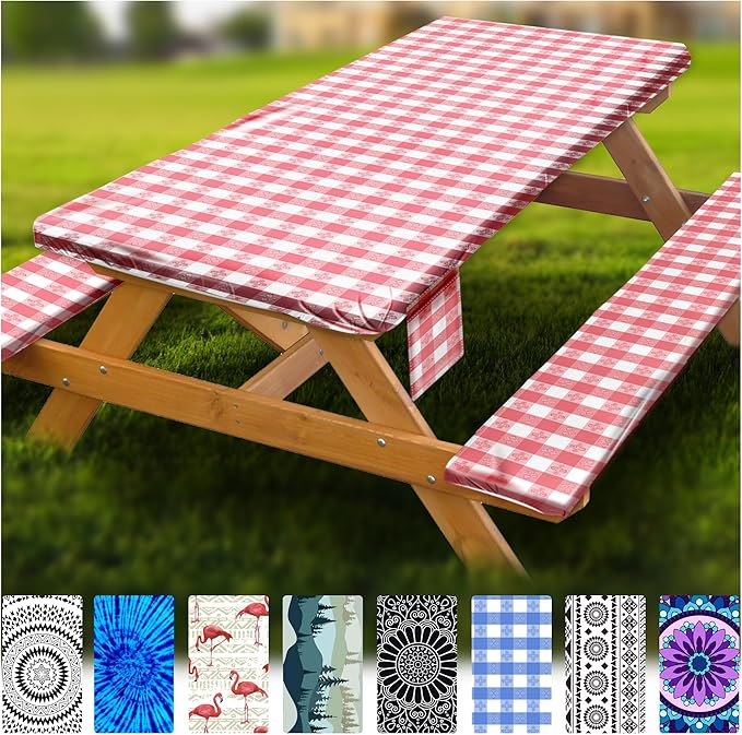 Fitted Picnic Table Cover with Bench Covers Waterproof Elastic Edges Rectangle Patio Tablecloth Outdoor Camping Essentials Stuff Rv Accessories Summer Trip Travel Supplies Party Camper Gifts, 8 ft
