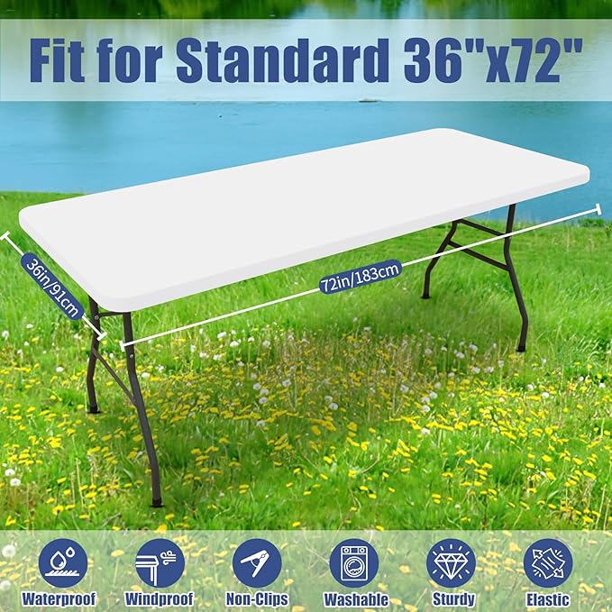 Spandex 6 Foot Rectangle Table Cloth 2 Pack, Elastic Fitted Tablecloths for Picnic, Stretch Washable Patio Table Cover for Outdoor, Camping, Banquet and Parties (White, 36"x72")