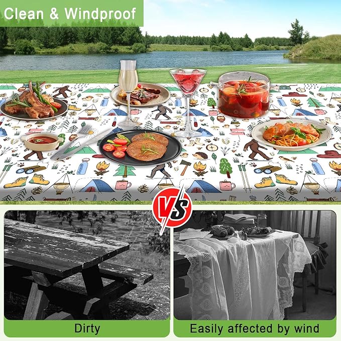 JAWO Picnic Table Covers with Bench Covers Camping Big Foot Adventure Tablecloth 6FT for 6 Person Fitted Picnic Table Cover with Elastic Windproof Waterproof Fabric, Camp Accessories Patio & Outdoor