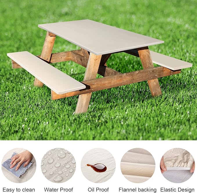 3 Pcs Picnic Table and Bench Fitted Tablecloth Cover for 6 Ft Table 30 x 72 Inch Vinyl Fitted Elastic Edges Waterproof Wipeable Tablecloth for Indoor Outdoor Travel Picnics Patio Camping (Beige)