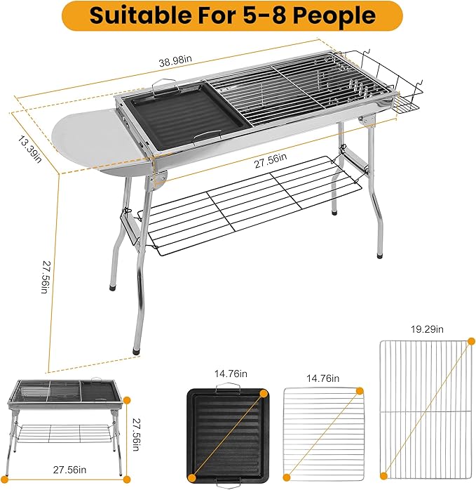 Portable Charcoal Grill, Large Stainless Steel Folding BBQ Grill with Storage Shelf, Foldable Barbecue Grill for Outdoor Cooking Camping Hiking Backyard Garden Picnic Parties Kabob (39x13.4x28 Inch)