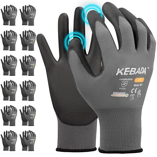 Kebada W1 Work Gloves for Men and Women, PU Coated Safety Gloves with Grip, Touchscreen, Ideal for Warehouse Work, Construction, Gardening, 12 Pairs Gray X-Large