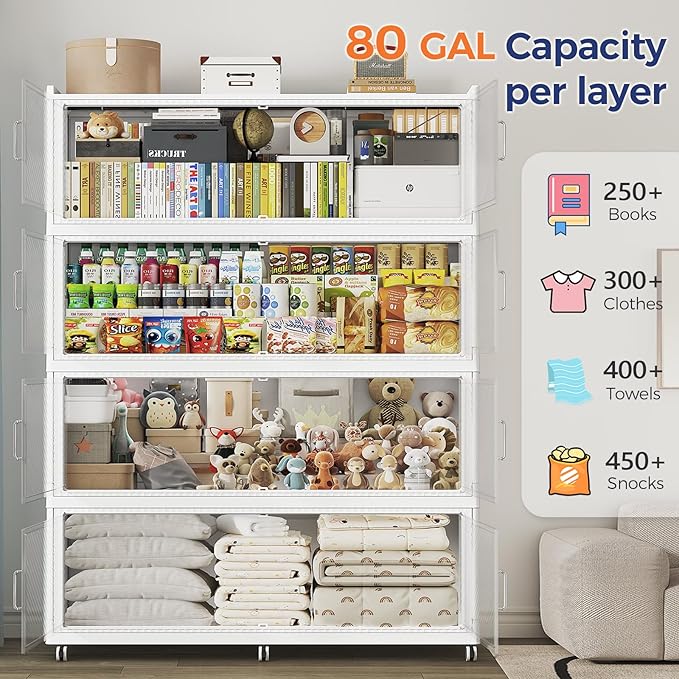 320GAL Extra Large Stackable Storage Bins with Lid, 1280QT Plastic Closet Organizer and Storage Cabinet with Wheels and Doors, Folding Storage Box Container for Home Organization, 4Pack White