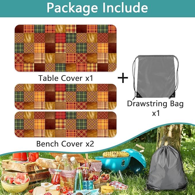 JAWO Picnic Table Covers with Bench Covers Camping Fall Autumn Tablecloth 6FT for 6 Person Fitted Picnic Table Cover with Elastic Windproof Waterproof Fabric, Camping Accessories Patio & Outdoor