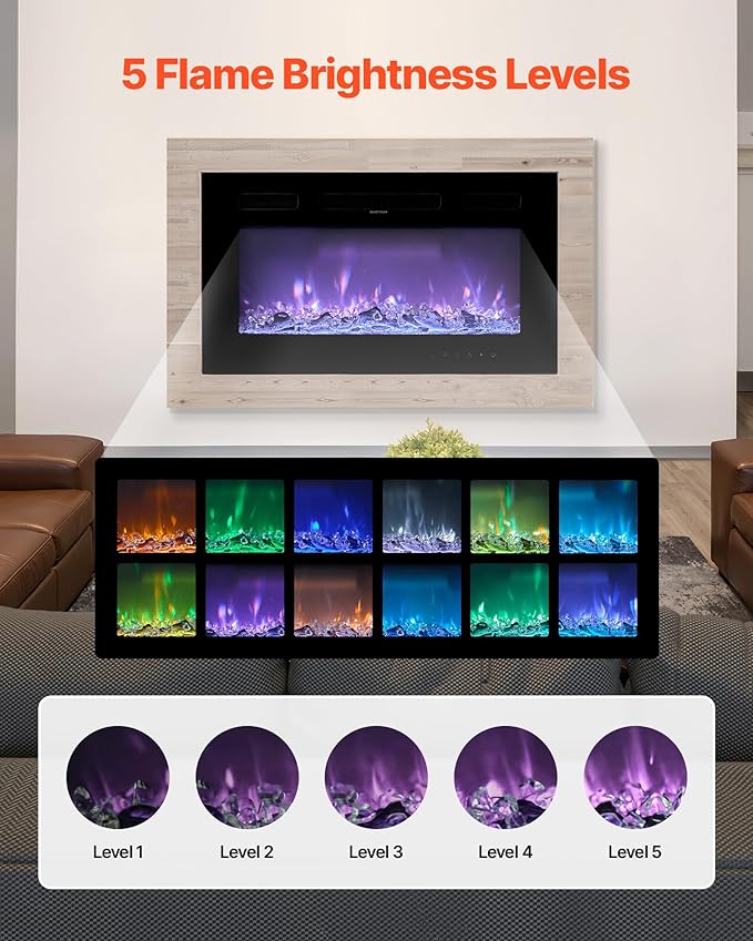 VEVOR 30 inch Electric Fireplace, Wall Mounted Recessed Fire Place with Remote Control, Timer, 1500W, Adjustable Flame Color Brightness, Touch Screen, Overheat Protection, for Living Room,Bedroom