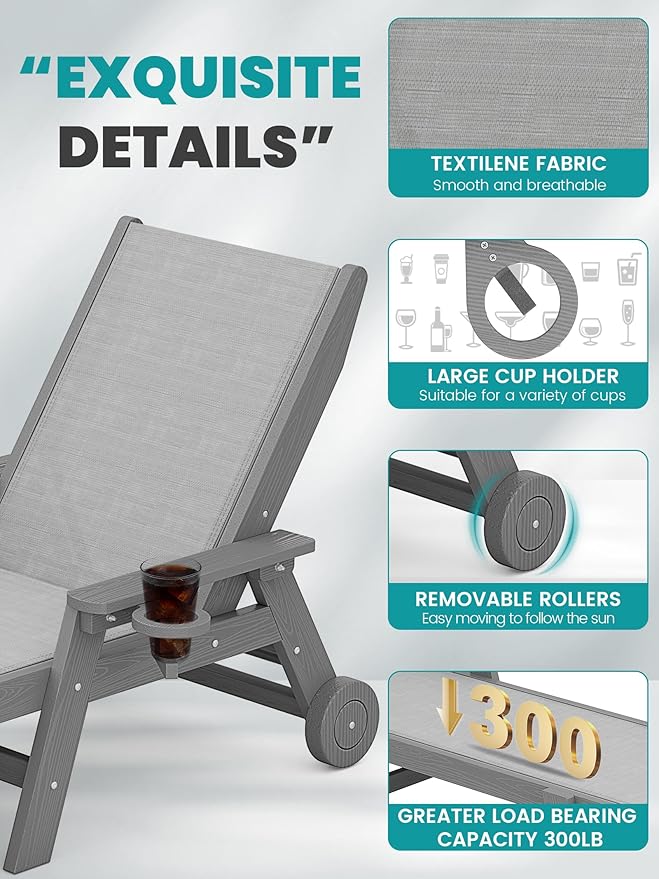 SERWALL Patio Chaise with 5 Positions - Textilene Outdoor Lounge Chair, Rolling Wheels - Poolside, Deck, Grey