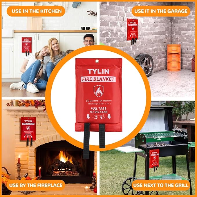 TYLIN Emergency Fire Blanket for Home & Kitchen 40” x 40” - 2 Pack, High Heat Resistant Fire Suppression Blankets for Home Safety, Kitchen, and Camping Fiberglass Welding (2)