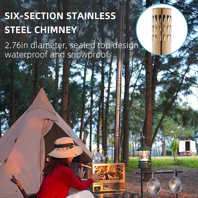 M8 Wood Burning Stove with Oven & Folding Camping Table, Stainless Steel Portable Hot Tent Stove, Including 6 Chimney Pipes, for Camping, Tents, Cooking and Travel Rose Gold