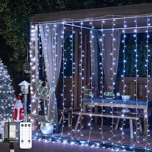 JMEXSUSS 900LED Christmas Curtain Lights, 9.5x29.5ft White Indoor/Outdoor Plug-in with Remote, Window Hanging String Lights for Bedroom, Wedding, Xmas Decoration