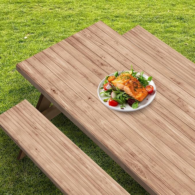 Picnic Table Cover with Bench Covers Elastic Edges, Brown Map Wooden Fitted Table Cover, Outdoor Patio Camping Essentials 72 Inch 3PCS, Waterproof Camping Fitted Tablecloth with Drawstring Bag