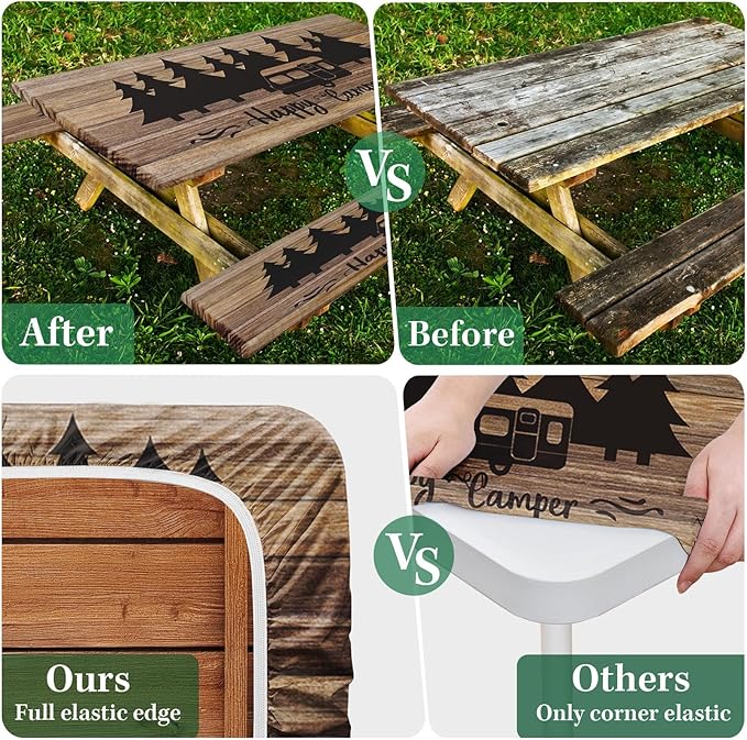 Picnic Table Cover with Bench Covers Elastic Edges, Wooden Camper Fitted Table Cover, Outdoor Patio Camping Essentials 60 Inch 3PCS, Waterproof Camping Fitted Tablecloth with Drawstring Bag