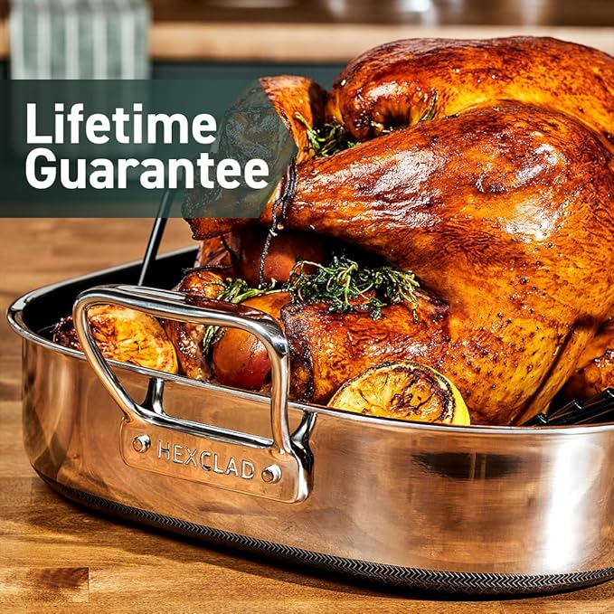 HexClad Hybrid Nonstick Roasting Pan with Rack, Dishwasher-Friendly, Oven-Safe Up to 900°F, Compatible with All Cooktops