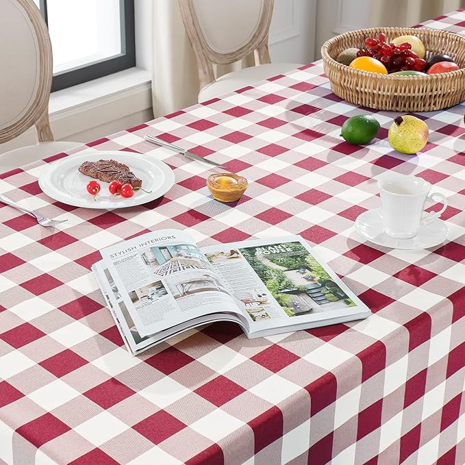 Softalker Gingham Checkered Rectangle Tablecloth - Waterproof Buffalo Plaid Table Cloth Stain Resistant Washable Table Cover for Picnic/Camping/Outdoor - Burgundy and White, 60 x 84 Inch