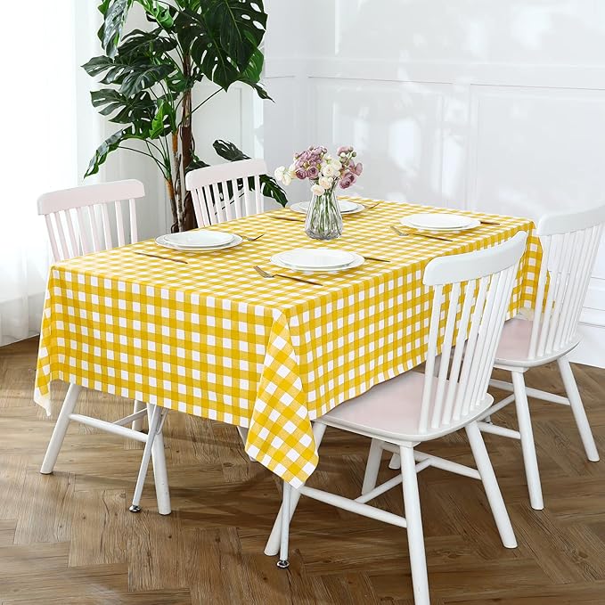 Romanstile Square Vinyl PVC Tablecloth, 100% Waterproof Buffalo Plaid Plastic Table Cloth, Oil Proof Heavy Duty Wipeable Table Covers for Dining/Camping/Picnic/Outdoor - 54 x 54, Yellow and White