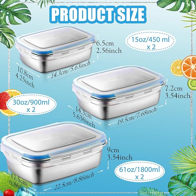 Nuanchu 6 Packs Stainless Steel Food Storage Containers Airtight Metal Food Containers Meal Prep Container Leak Proof Stackable Bento Lunch Box with Lids for Kitchen Travel Picnic and Camping (Blue)