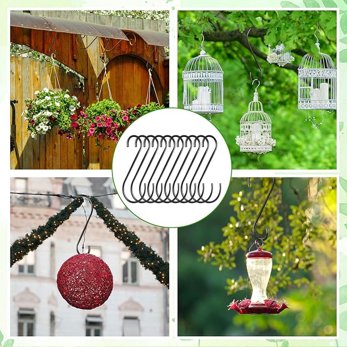 12 Pack Large S Hooks for Hanging Plants Black Metal Plant Hanger Outdoor Hanging Tree Hooks for Branch, Bird Feeder, Basket, Lantern, Indoor Closet Garden (12 Inch)