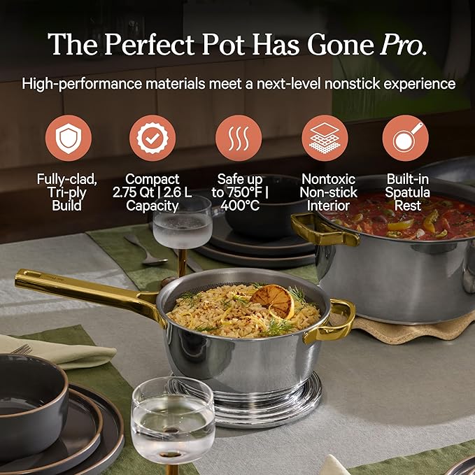 Our Place Titanium Mini Perfect Pot Pro - 2.75 Qt No-Coating Nonstick Pot | Tri-Ply Titanium & Stainless Steel | Oven-Safe up to 750°F & Compatible with All Cooktops | Gold
