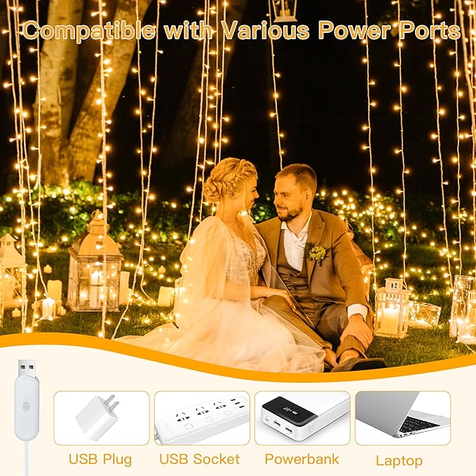 Ollny Curtain Lights 6.6x6.6ft, 200 LED String Lights with Remote 8 Modes Dimmable Timer, USB Power Fairy Light for Bedroom Backdrop Indoor Wall Window Wedding Decor, Warm White