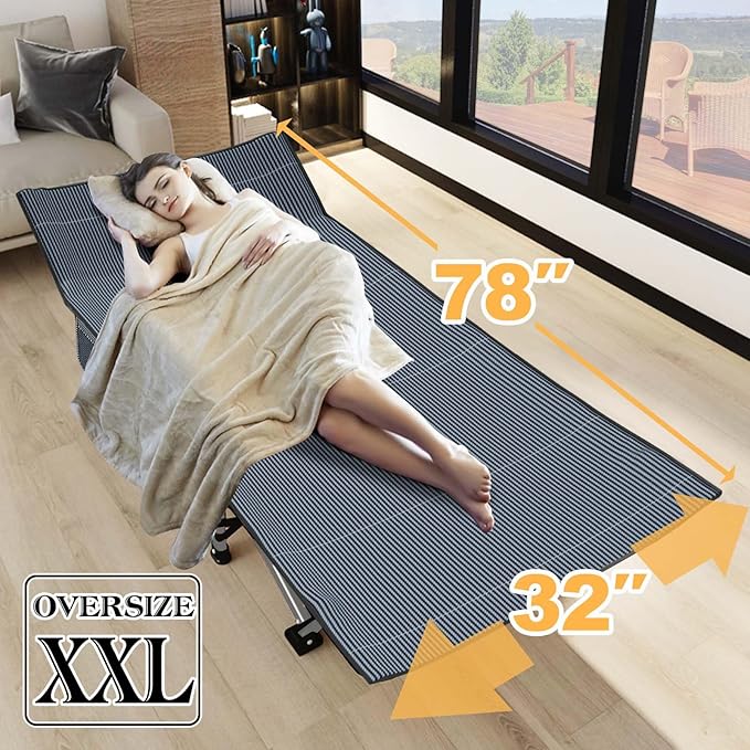 LILYPELLE Folding Camping Cot, Extra Wide Heavy Duty Sleeping Cots with Carry Bag, Double Layer Oxford Portable Travel Camp Cots for Home, Office Nap and Outdoor Beach