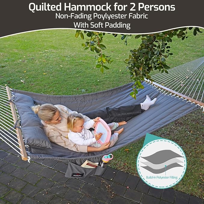 Double Quilted Fabric Hammock with Hardwood Spreader Bars and Pillow 450 LBS Capacity 2 Person Large Hammock for Outdoor Patio Backyard Poolside - Tan