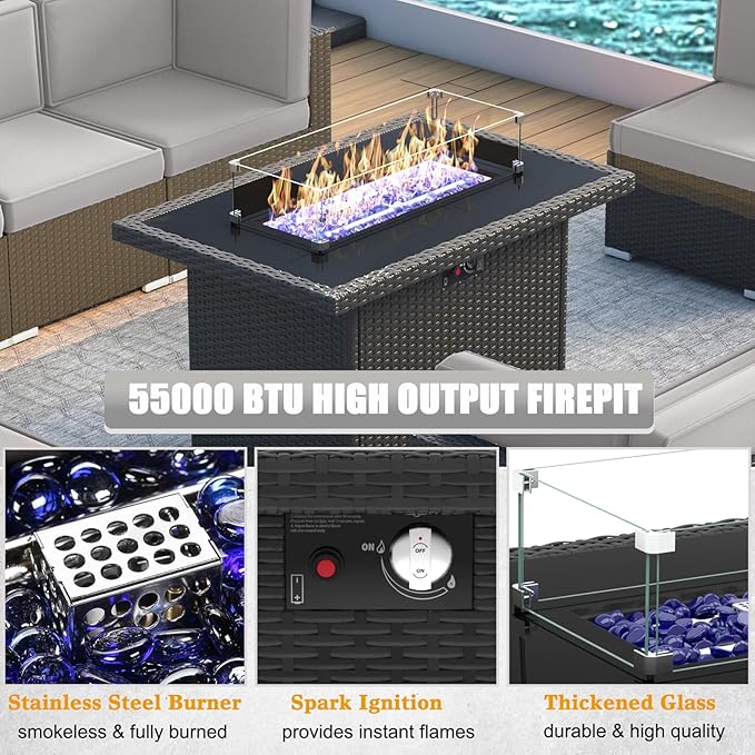 LayinSun 10 Piece Patio Furniture Set with 44" Propane Gas Fire Pit Table, Outdoor Sectional Conversation Set Wicker Rattan Sofa Set with Coffee Table