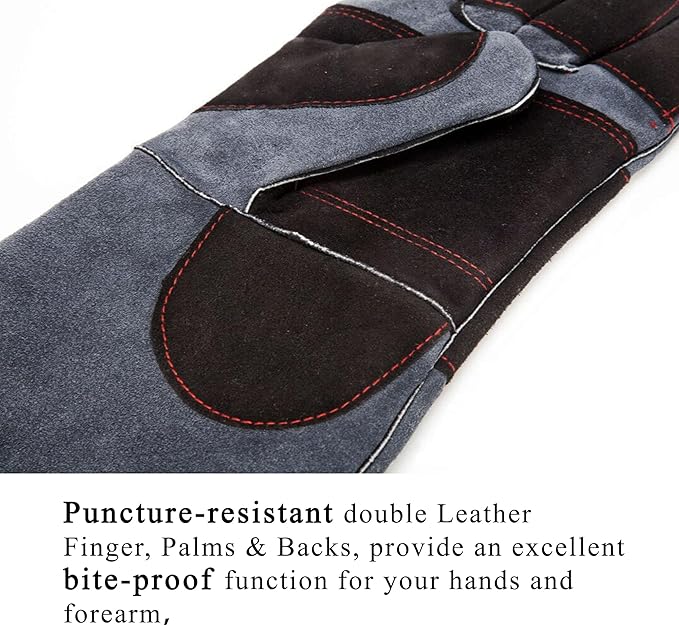 RAPICCA Animal Handling Gloves Bite Proof Double Leather Reinforced Padding Dog,Cat Scratch,Bird Handling Falconry Gloves Grabbing Reptile Squirrel Snake Bite 16in Grey-Black