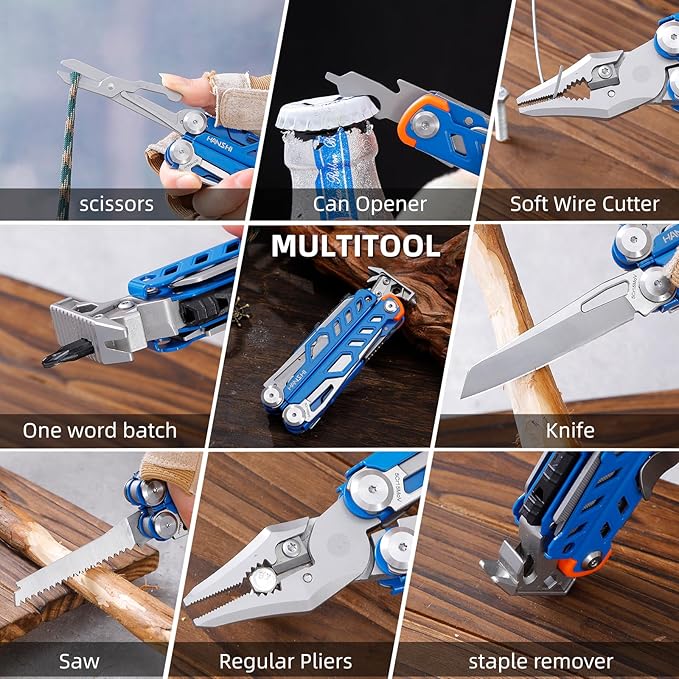 HANSHI Multitool Pliers, 22-in-1 YG10 Tungsten Steel Multi Tool with Scissors,Replaceable Wire Cutters, Flint, Window Breaker, Back Clip,Ideal for Camping, Survival and Gift(Blue)