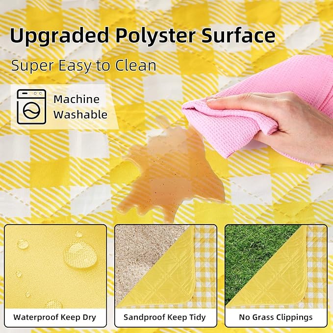 ZAZE Extra Large Picnic Blankets, 80''x80'' Washable Waterproof Foldable Oversized Compact Picnic Mat for Spring Summer Blanket Beach, Camping on Grass (Yellow and White)