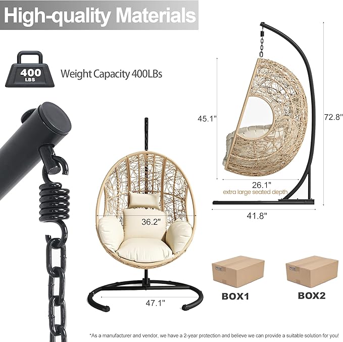 Hanging Egg Chair with Stand - Egg Swing Chair Outdoor Indoor Patio Wicker Chair Swing Hammock Egg Chairs 400lbs Capacity for Outside Patio, Bedroom, Garden and Balcony (Beige-nest, 2P)