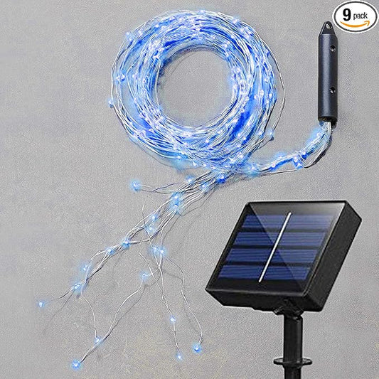 Solar Fairy String Lights Outside Blue, Multi Strand 180 LEDs Watering Can Light for Outdoor, Waterproof Solar Powered Waterfall Lights, Firefly Bunch Lights for Garden Décor