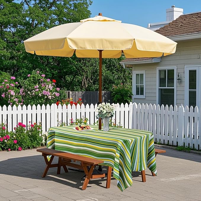 Poise3EHome 60X84 Outdoor/Indoor Waterproof Spillproof Rectangle Tablecloth with Umbrella Hole for Camping, Picnic, Party, Patio Table, Spring, Green Stripe