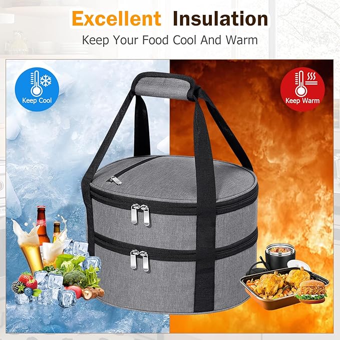 Round Double Insulated Casserole Carrier, Pie Carrier Bag, Portable Casserole Carrier for Hot or Cold Food Lunch Tote, Lunch Bag for Parties Picnic, Fits 12.5" Baking Dish, Grey