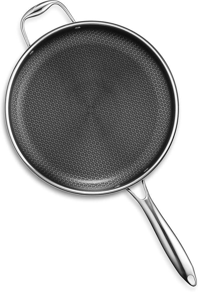 HexClad Hybrid Nonstick 4.5-Quart Deep Sauté Pan with Tempered Glass Lid, Stay-Cool Handle, Dishwasher-Friendly, Oven-Safe Up to 900°F, Induction Ready, Compatible with All Cooktops