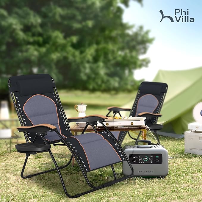 PHI VILLA XXL Oversized Padded Zero Gravity Chair, Foldable Patio Recliner, 30" Wide Seat Anti Gravity Lounger with Cup Holder, Support 400 LBS (Black & Orange Accents)