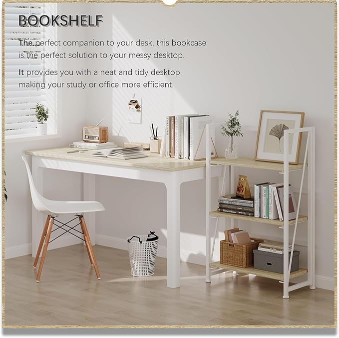 4NM No-Assembly Folding Bookshelf Storage Shelves 3 Tiers Vintage Bookcase Standing Racks Study Organizer Home Office (Natural White)