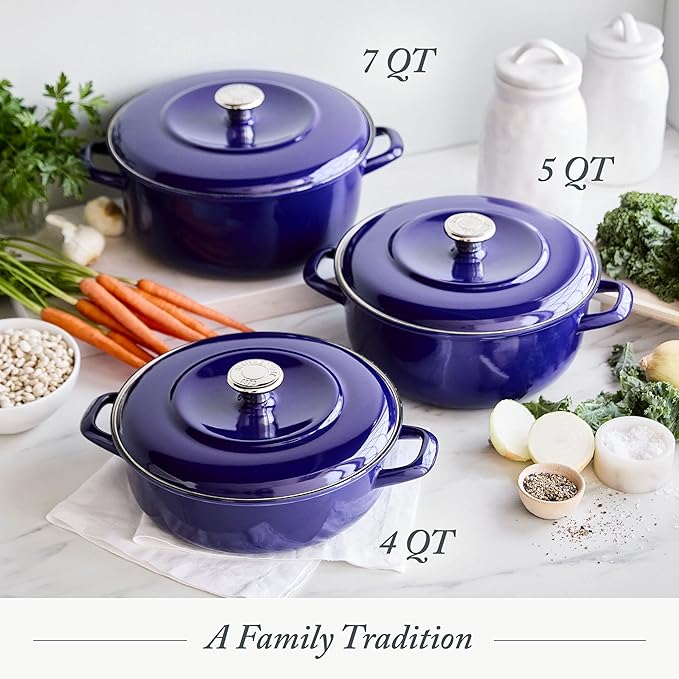 Merten & Storck 5.3QT Round Dutch Oven Casserole Pot with Lid, European Crafted Enameled Iron Stockpot, Induction & All Cooktops, Braising, Stews, Roasting, Slow Cooking, Sourdough, Cobalt Blue