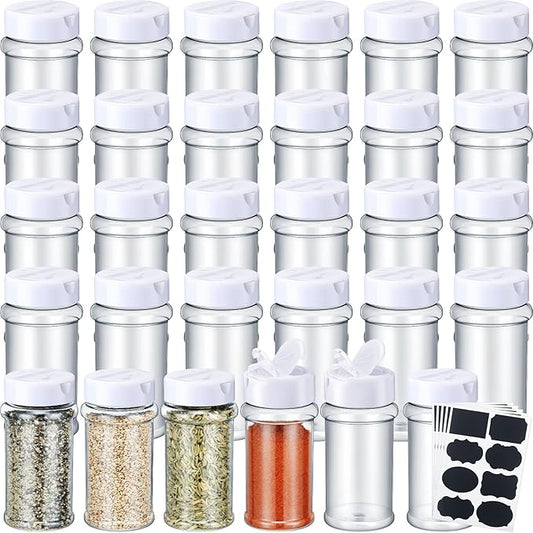 Eccliy 36 Pack 3 oz Clear Plastic Spice Jars with Label and Shaker Lids Empty Spice Bottles Seasoning Containers Seasoning Jars Shaker Condiment Pots for Pepper Herbs Powders (White)