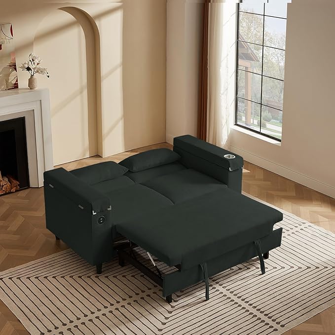 66" Pullout Couch Sleeper Sofa with Hidden Side Table, Storage Armrests & USB Charging – Convertible Sofa Bed with Spring Mattress & Wood Frame, Great for Small Spaces (ZY-2027-Dark Gray)