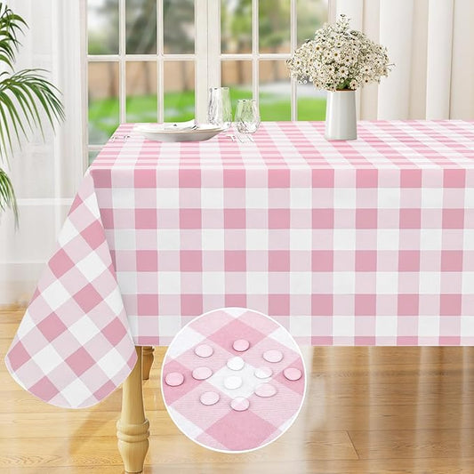 misaya Rectangle Waterproof Vinyl Table Cloth, Buffalo Flannel Backed Tablecloth, Wipeable Plastic Table Cover for Dinner, Kitchen, Outdoor (60" x 102", Pink and White)
